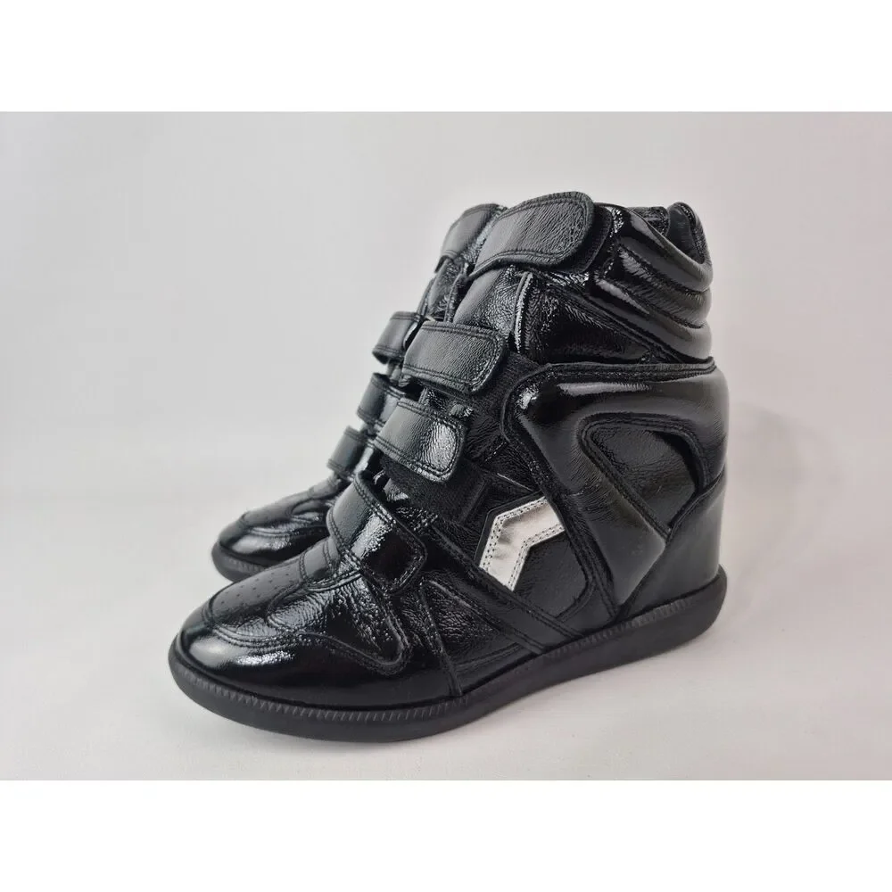 Isabel Marant Black Patent Leather Wedge Sneakers with Silver Accent